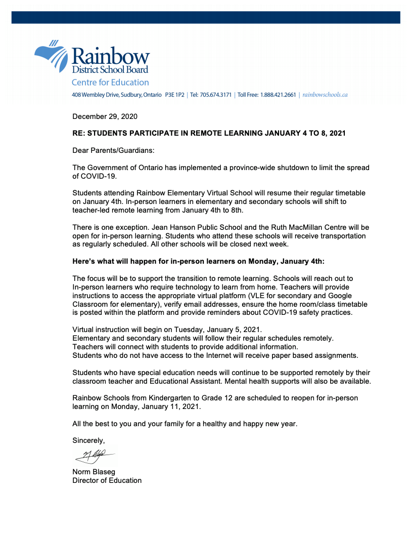 letter from Norm Blaseg re: January 2021 remote learning