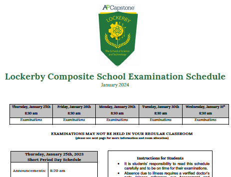 front cover of exam schedule